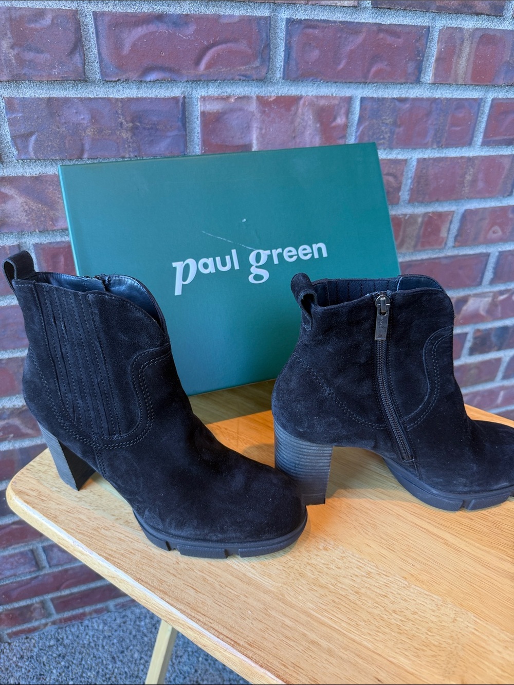 Paul Green Black Suede Ankle Booties with Block Heel